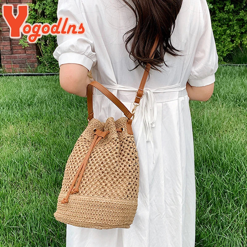 Braided Straw Bucket Bag, Drawstring Shoulder Crossbody Bag,