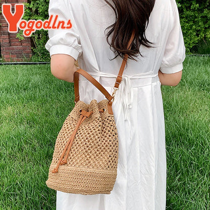 Braided Straw Bucket Bag, Drawstring Shoulder Crossbody Bag,