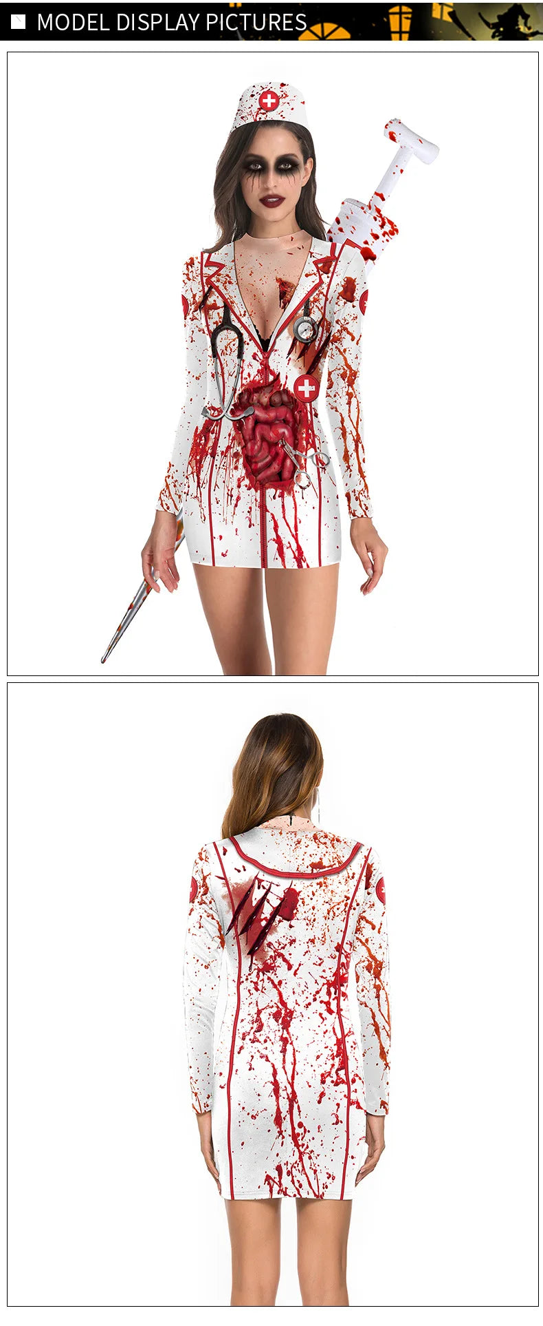 Bloody Nurse Cosplay Costume Dress Long Sleeves Sexy Tight Nurse Uniform and Skeleton Uniform.  Plus others