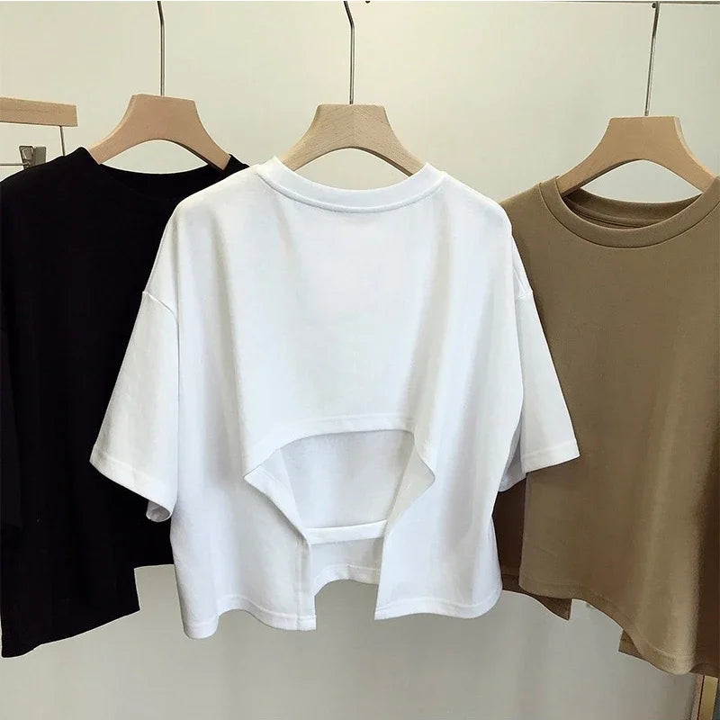 Backless T-Shirt Round Neck Loose Short-Sleeved Crop Tops