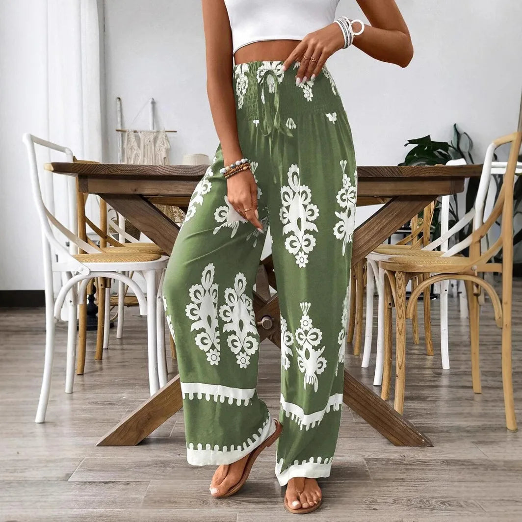 Bohemian Wide Leg Pants, Tall Elastic Waist, Casual, Comfortable