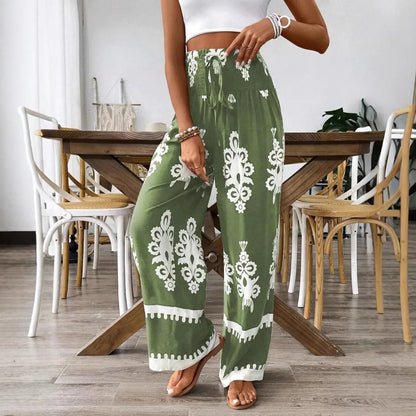 Bohemian Wide Leg Pants, Tall Elastic Waist, Casual, Comfortable