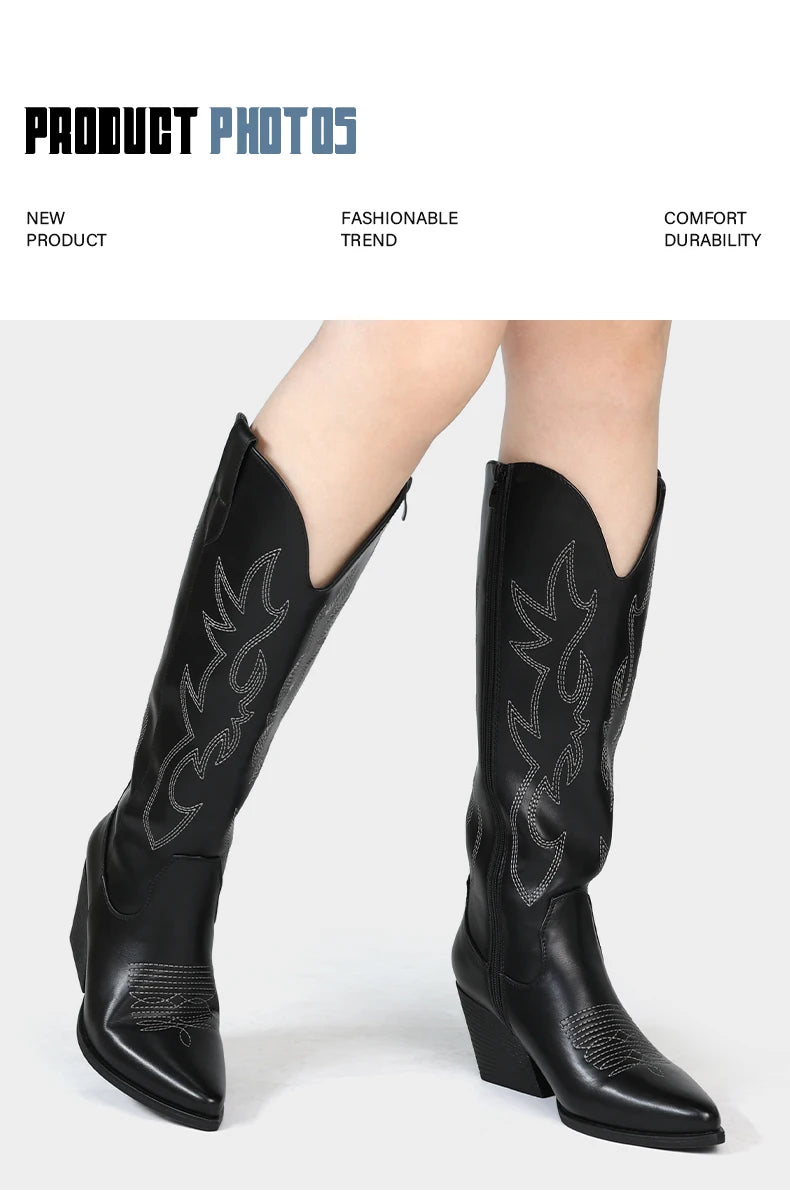 Embroidered Western Cowgirl Boots, Pointed Toe, Thick Heel,  Knee High Boots