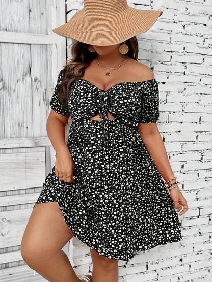 Sizes to 4XL  Floral Print Dress, Casual Off-the-Shoulder Short Strapless Dress with a Peek-A-Boo