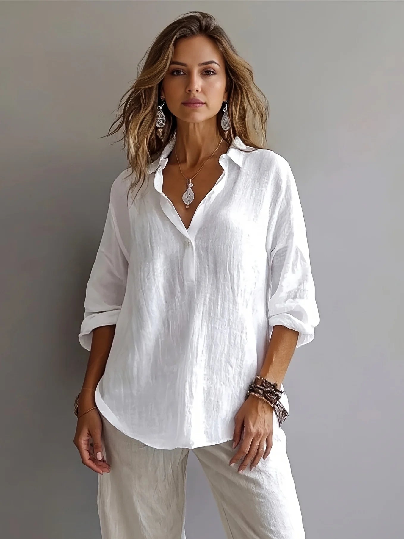 Sizes to 2XL Women's loose linen cotton blend Half -0pen collar casual pullover shirt