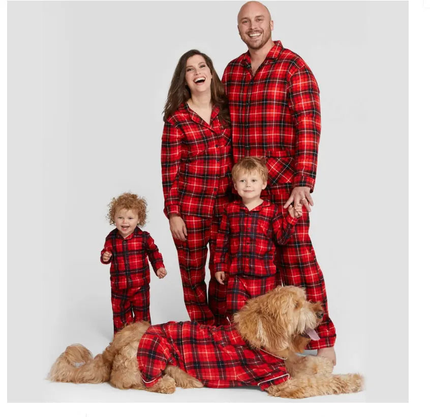 Family Christmas Pajamas Matching Sets Adult And Kids Red Plaid Button Shirts Tops+Pants Baby Romper Dog Pajamas too!!