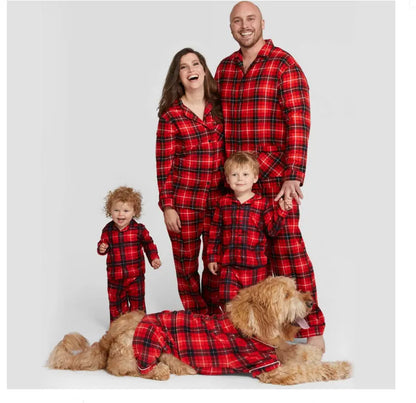 Family Christmas Pajamas Matching Sets Adult And Kids Red Plaid Button Shirts Tops+Pants Baby Romper Dog Pajamas too!!