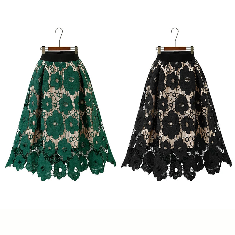 Sizes to 4XL, Lace Overlay, Vintage Mesh Plus Size Skirt with Elastic Waist A-Line Midi