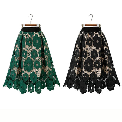 Sizes to 4XL, Lace Overlay, Vintage Mesh Plus Size Skirt with Elastic Waist A-Line Midi