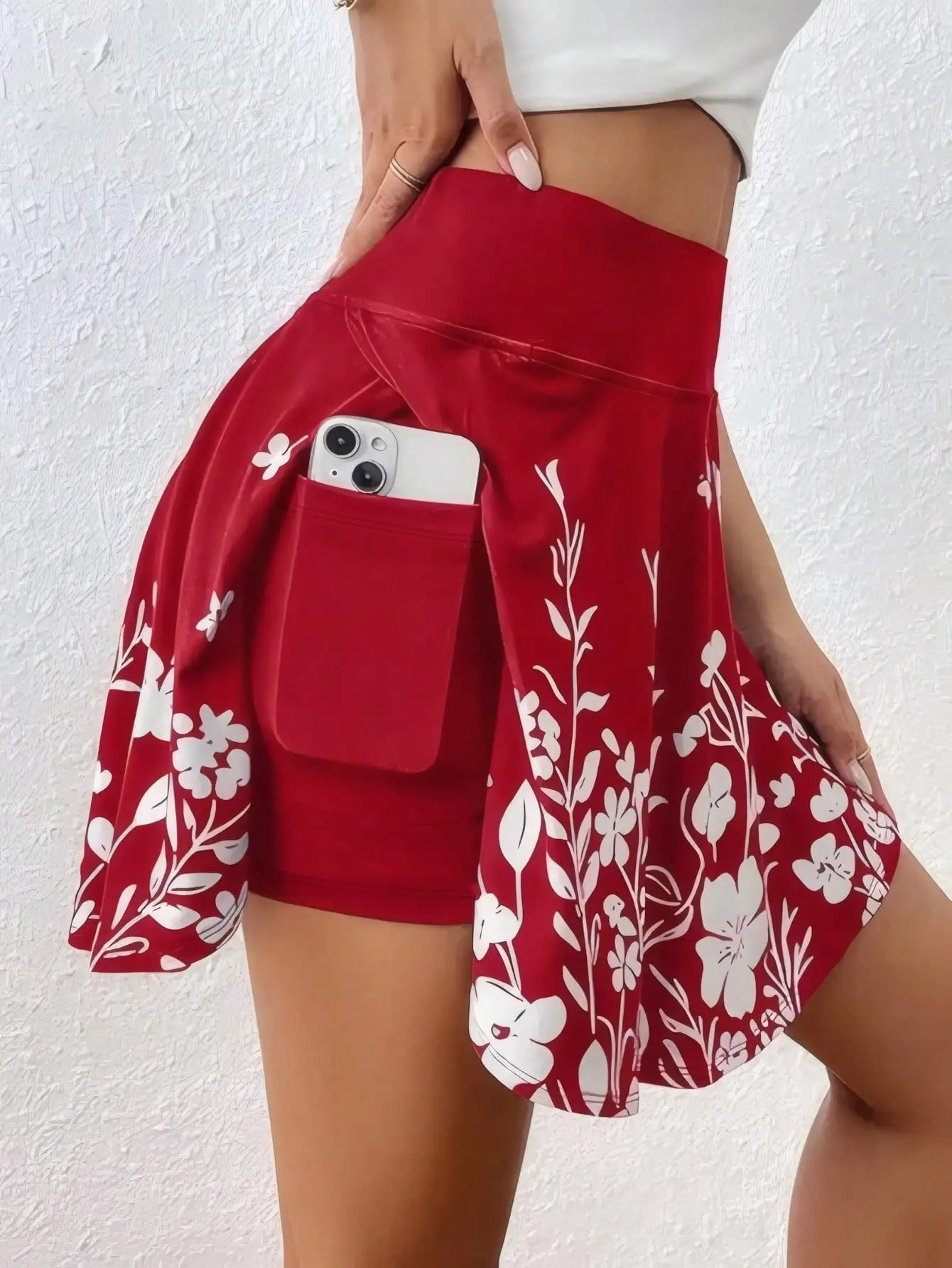 Plus Size 1XL-5XL  High-Waisted Skorts Phone Pocket Simple Floral Print
