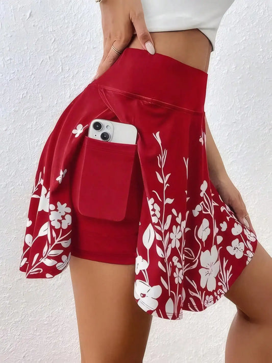 Plus Size 1XL-5XL  High-Waisted Skorts Phone Pocket Simple Floral Print