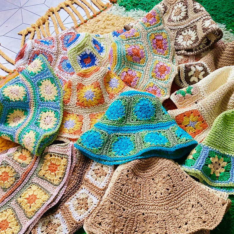 Bright Colored Floweed Crocheted Fisherman Hat