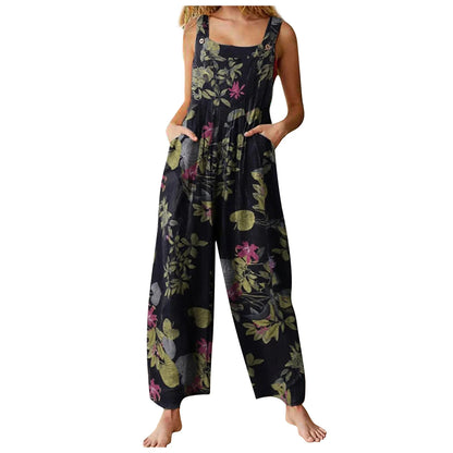 Floral Print, Square Neck, Sleeveless, Casual Overalls with Pockets