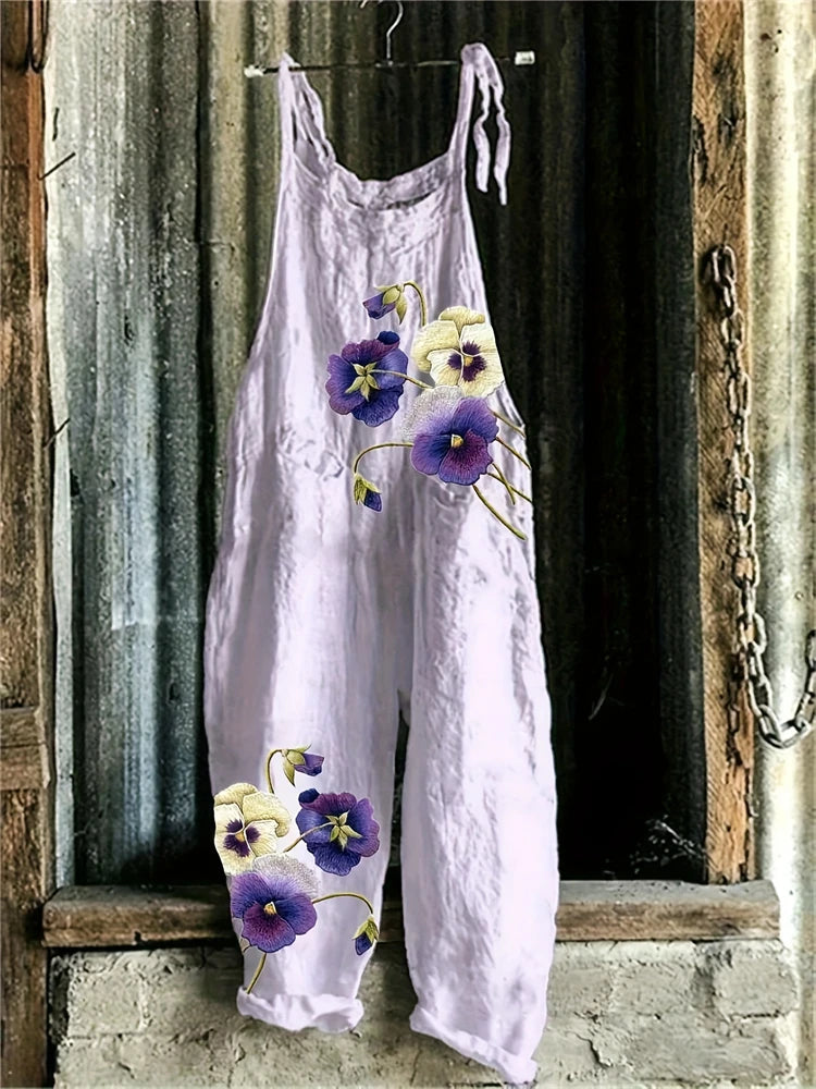 Sling Jumpsuit, Tie String Straps, Floral Printed, Wide Leg Pants, Casual Outdoor, Loose,  Comfortable, Breathable