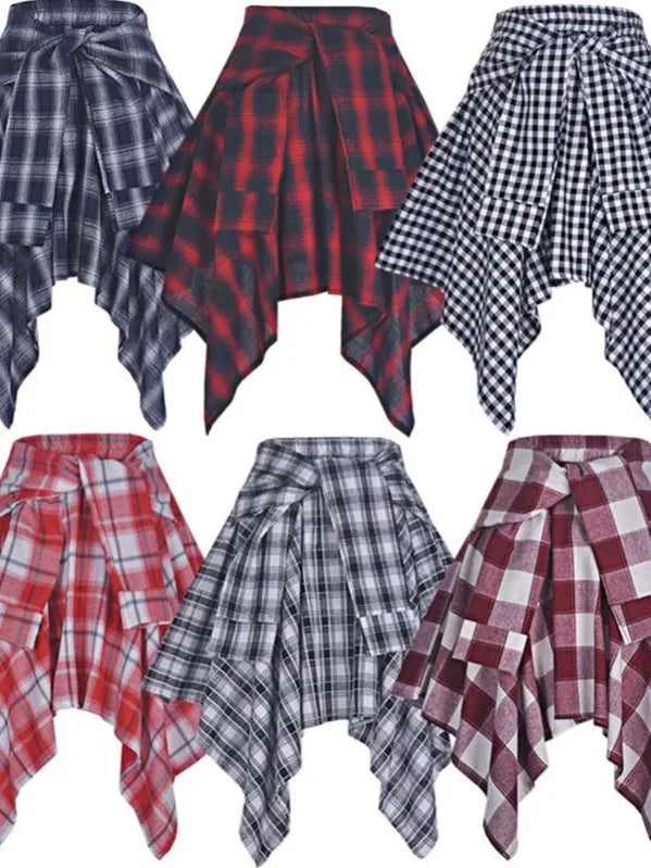 Sporty Street Style with Ruffle and Bow Tie Asymmetrical Hankie Hemline Elastic Waist, Plaid Patterned Skirt--Sizes 58 Centimeter Waist