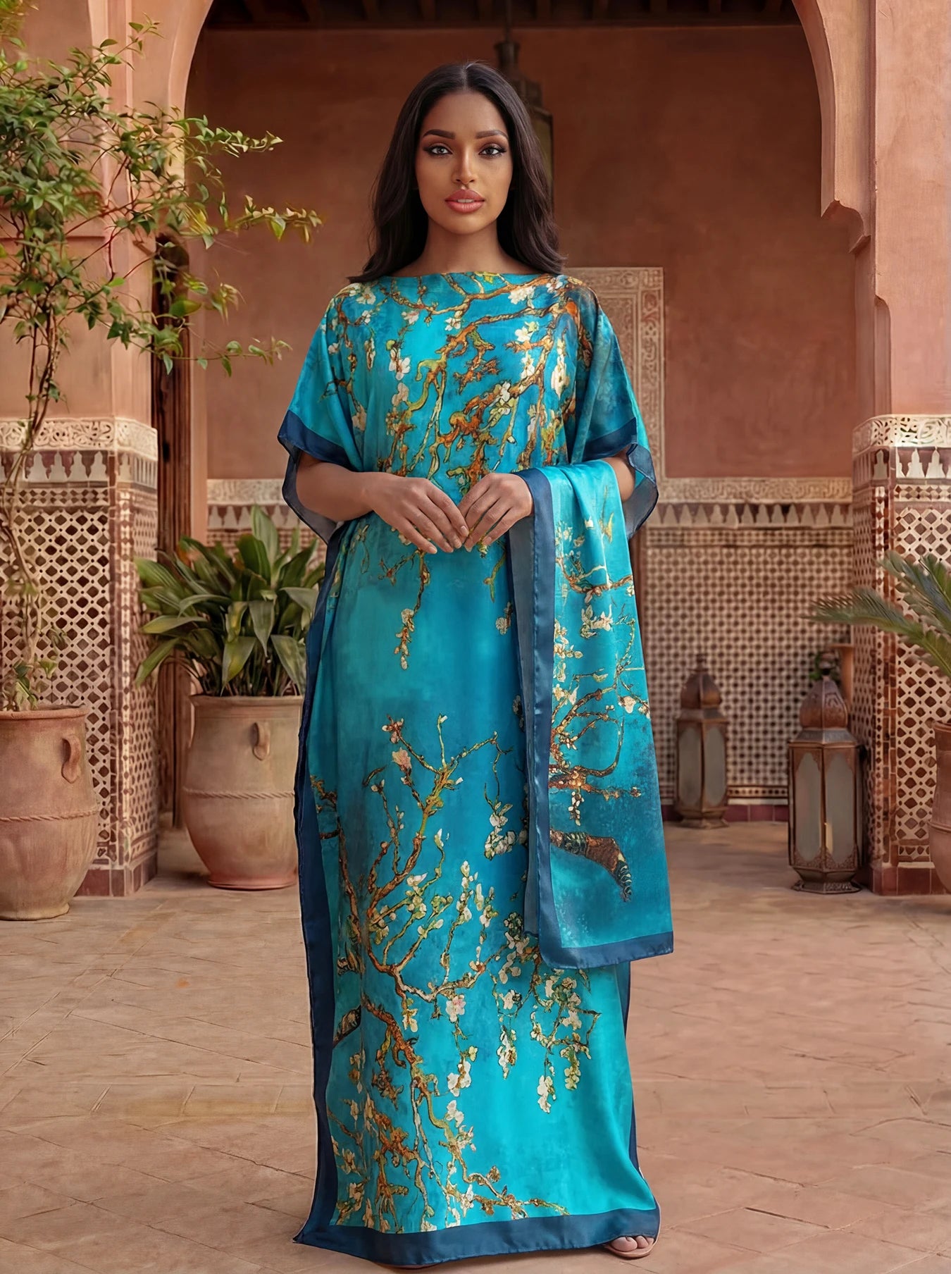 Boho Print Maxi Caftan with matching Shawl, Elbow Length Sleeves, 5 designs to choose from