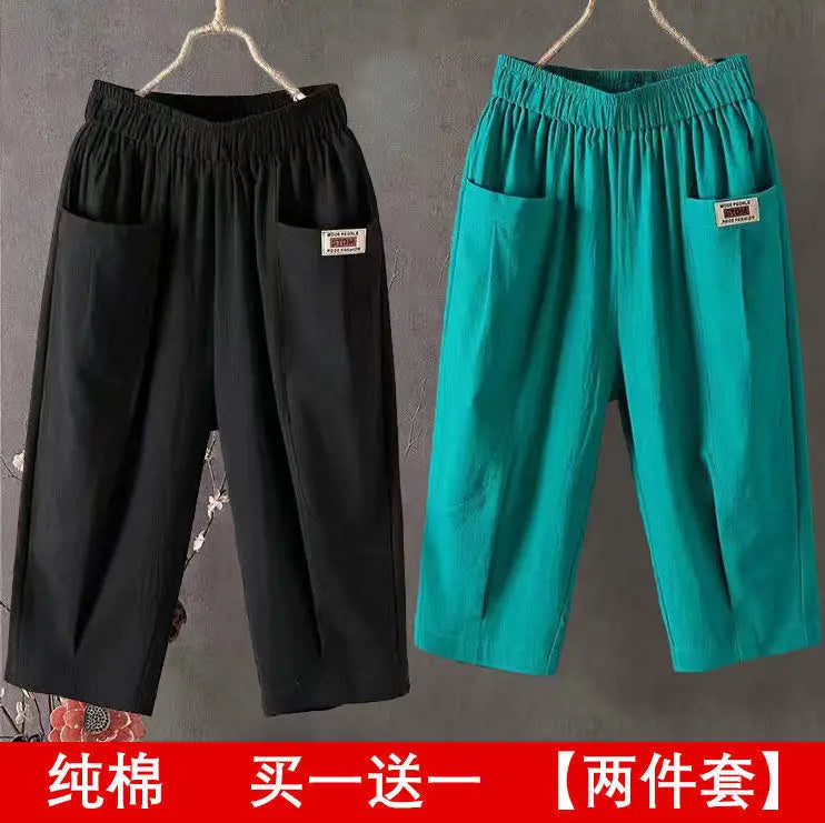 Cotton Linen Cropped 3/4 Length Pants, Loose, Linen with Elastic Waist and Pockets