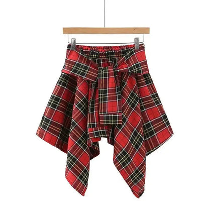 Sporty Street Style with Ruffle and Bow Tie Asymmetrical Hankie Hemline Elastic Waist, Plaid Patterned Skirt--Sizes 58 Centimeter Waist