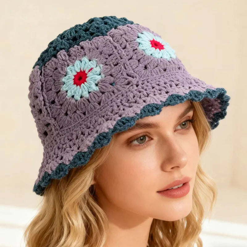 Crocheted Floral Bucket Breathable Boho 3D Flower Sun Hat