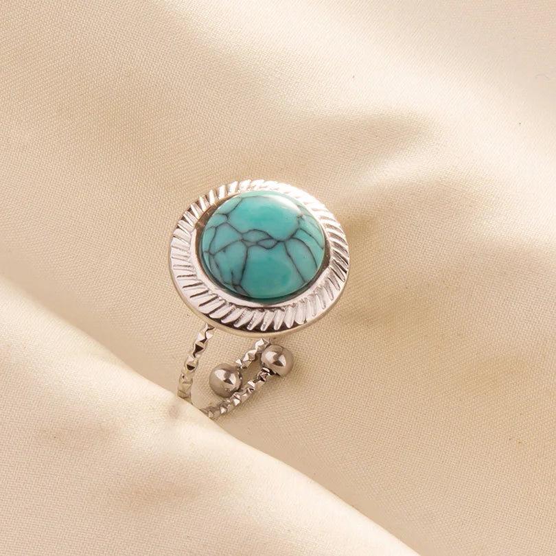 1pc Boho Turquoise Ring Stainless Steel Light Blue Gemstone Silver Adjustable Ring