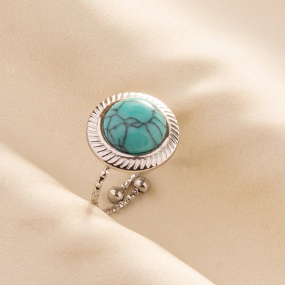 1pc Boho Turquoise Ring Stainless Steel Light Blue Gemstone Silver Adjustable Ring