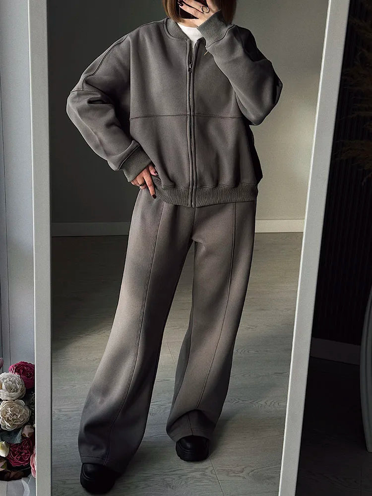 Warm 2 Piece Sweatsuits, Thick Fleece, Zipper Jacket, Batwing Sleeves, Clean Lines
