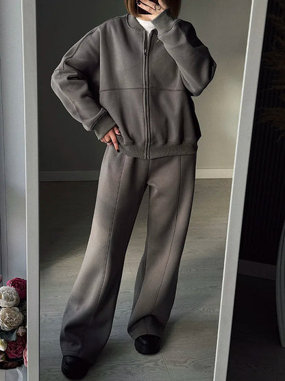 Warm 2 Piece Sweatsuits, Thick Fleece, Zipper Jacket, Batwing Sleeves, Clean Lines