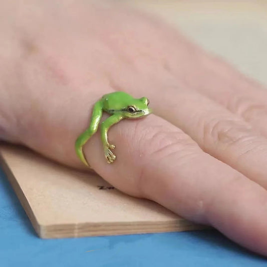 Green Enamel Frog Open Ring  Adjustable Finger Jewelry