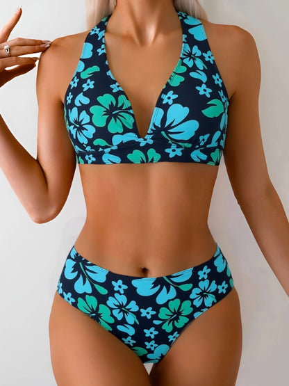 Vintage Turquoise Hibiscus Print Halter Bikini,