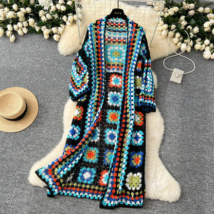 Boho Crocheted Knit Cardigan Midi Length