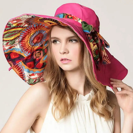 Large Beach Hat Flower Printed Wide Brim Geometric print underneath Wide Brim Various Print Selections