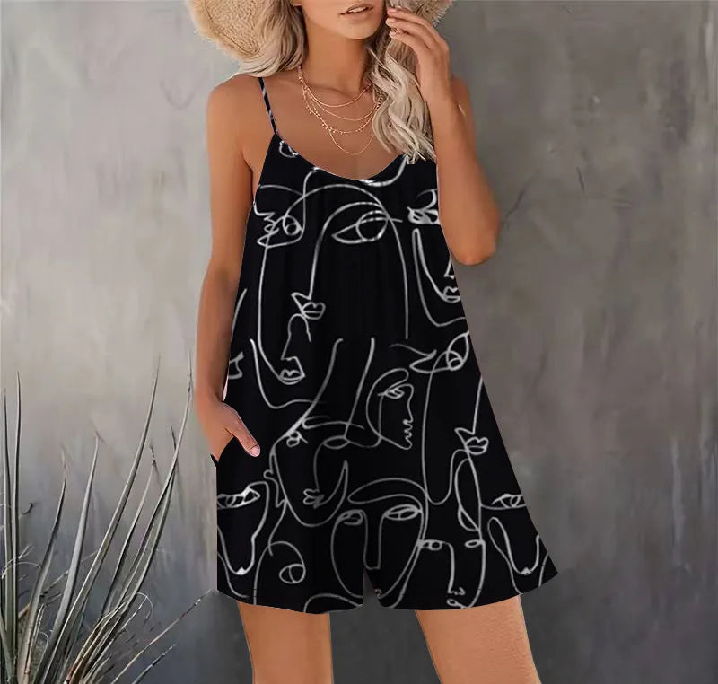 Sizes to 2XL, Boho Bib Shorts, Printed, Sleeveless Jumpsuit, Spaghetti Straps, 11 Different Designs