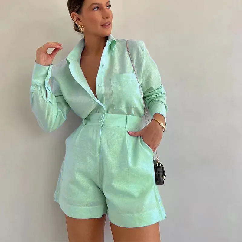 Long Sleeve 2-Piece Shorts and Shirt Outfit.  5 colors