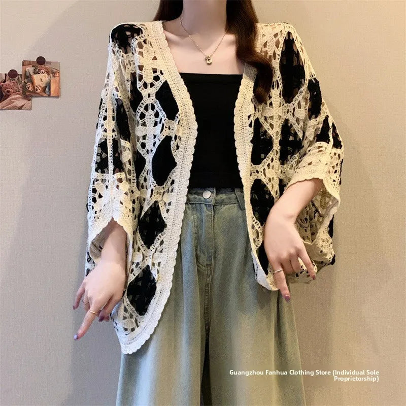 Bohemian Style Hollowed-out Long Sleeve Light Weight Sweater with V Neck and Batwing Sleeves