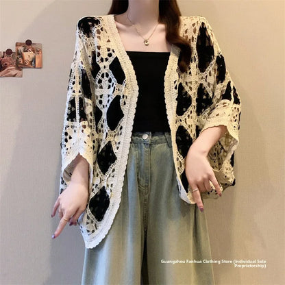 Bohemian Style Hollowed-out Long Sleeve Light Weight Sweater with V Neck and Batwing Sleeves