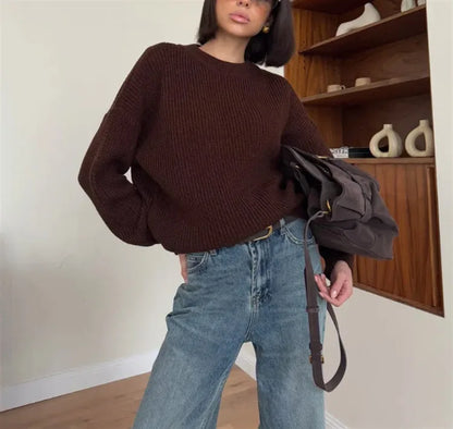 Chunky Knit Oversized Crew-Neck Pullover Sweater, 16 Colors