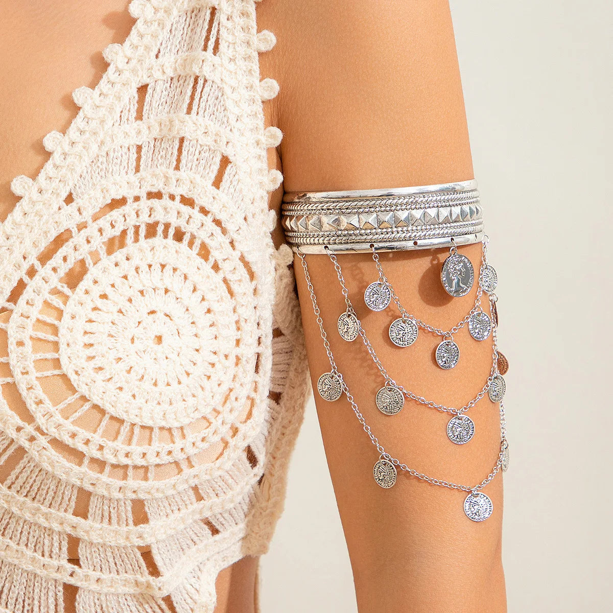 Golden Metal Coin Leaf Arm Cuff