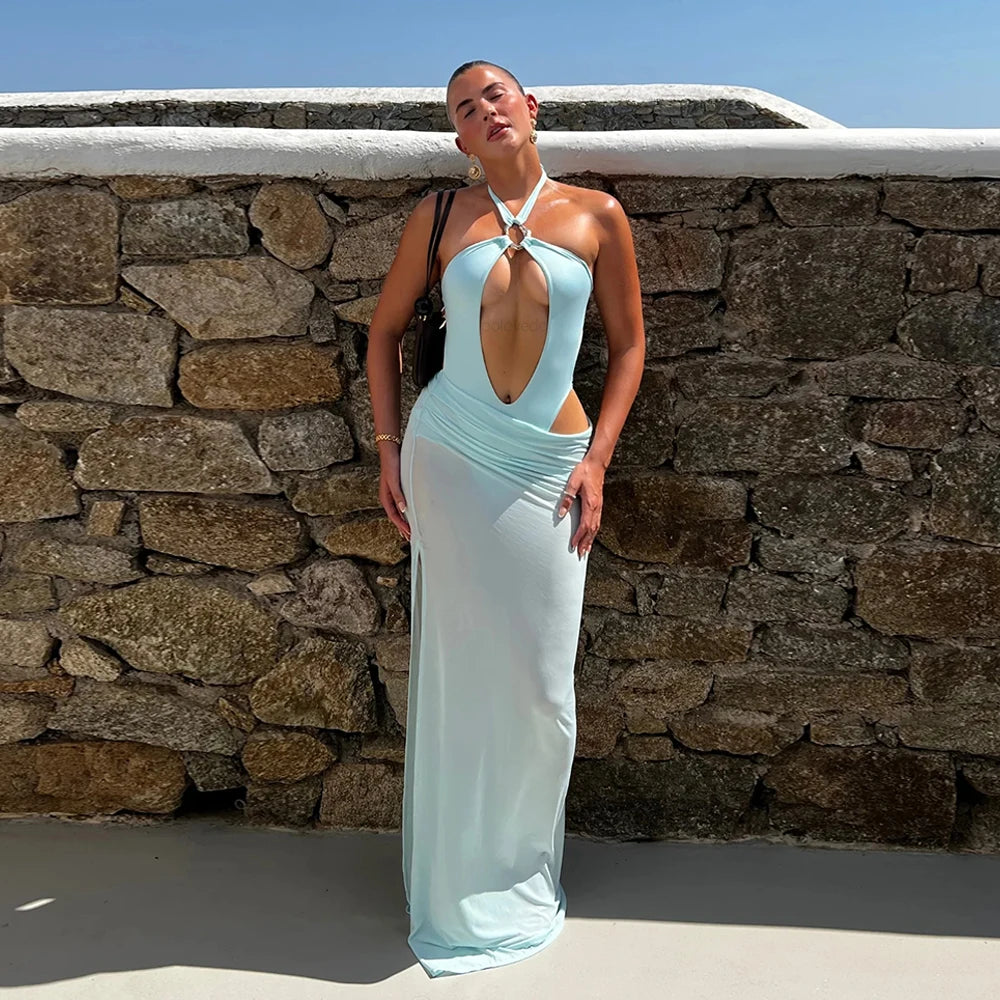 Two Pieces Hollowed Out Swimsuit With Long Skirt Cover Up