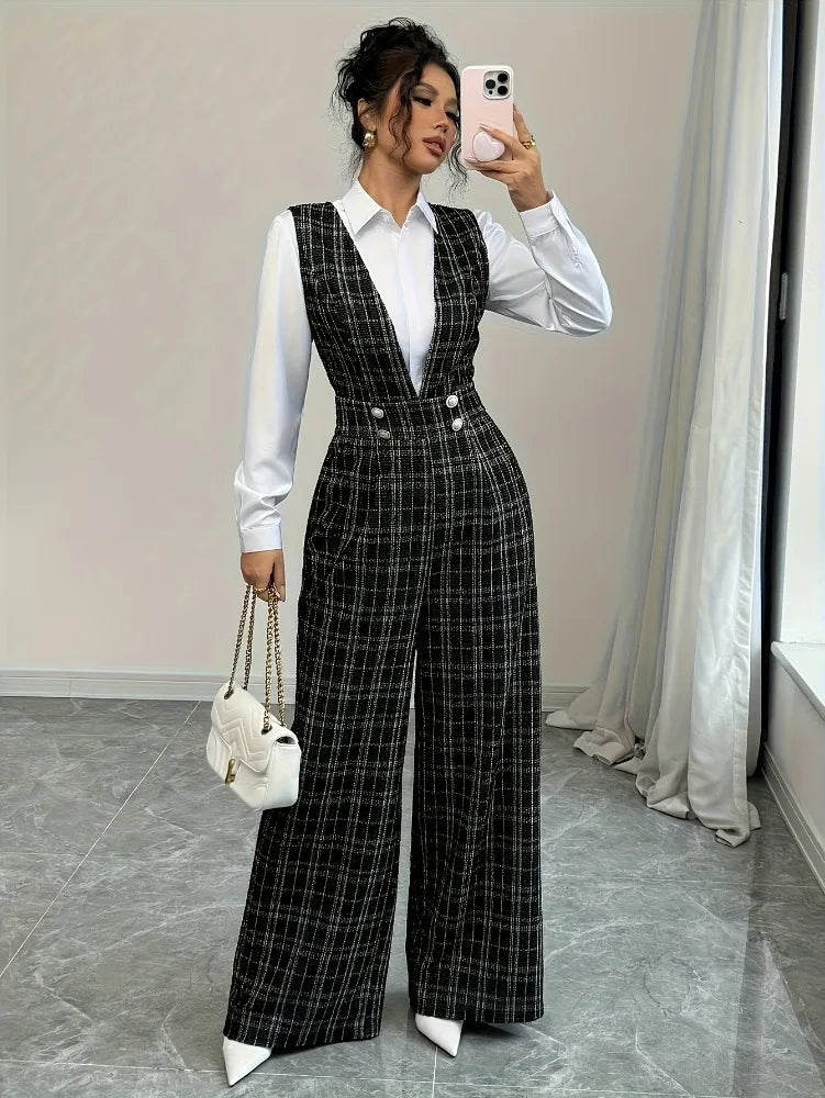 High Waisted Wide Leg Plaid Tweed Jumpsuit Double Breasted attached Vest with Pearl Buttons