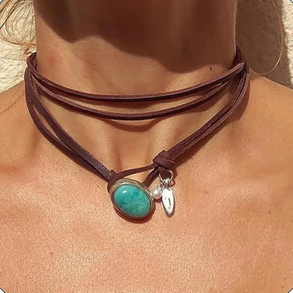 Vintage Bohemian Round Pendant Necklace with Unusual Turquoise Beaded Leather Closure Other Designs available also