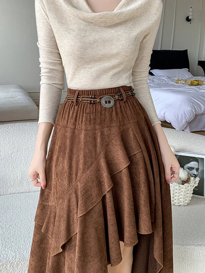Boho Retro Asymmetrical Suede Midi Skirt with Elastic Waist