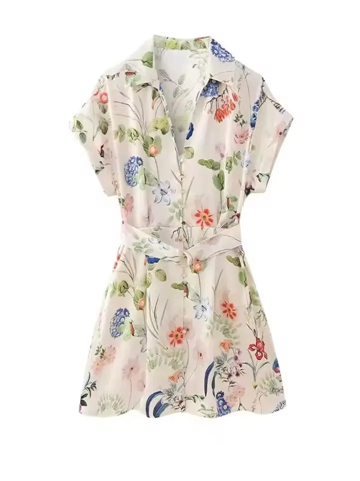 Boho Floral Print Shirt Mini Dress With Belt and Button Down Front, Tie Waist