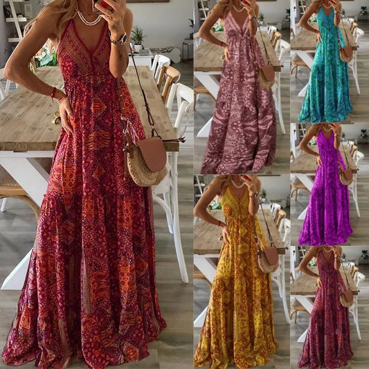 Boho Long Dress V-Neck High Waist Floral Print Maxi Gown European And American New Style Strapless Dress