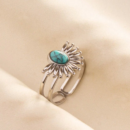 1pc Boho Turquoise Ring Stainless Steel Light Blue Gemstone Silver Adjustable Ring