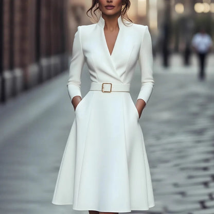 Sizes to 2XL, Knee Length Dress With Belt, Pockets, Waist Cinched, V-neck, Long Sleeves, comes in Red, White, and Black