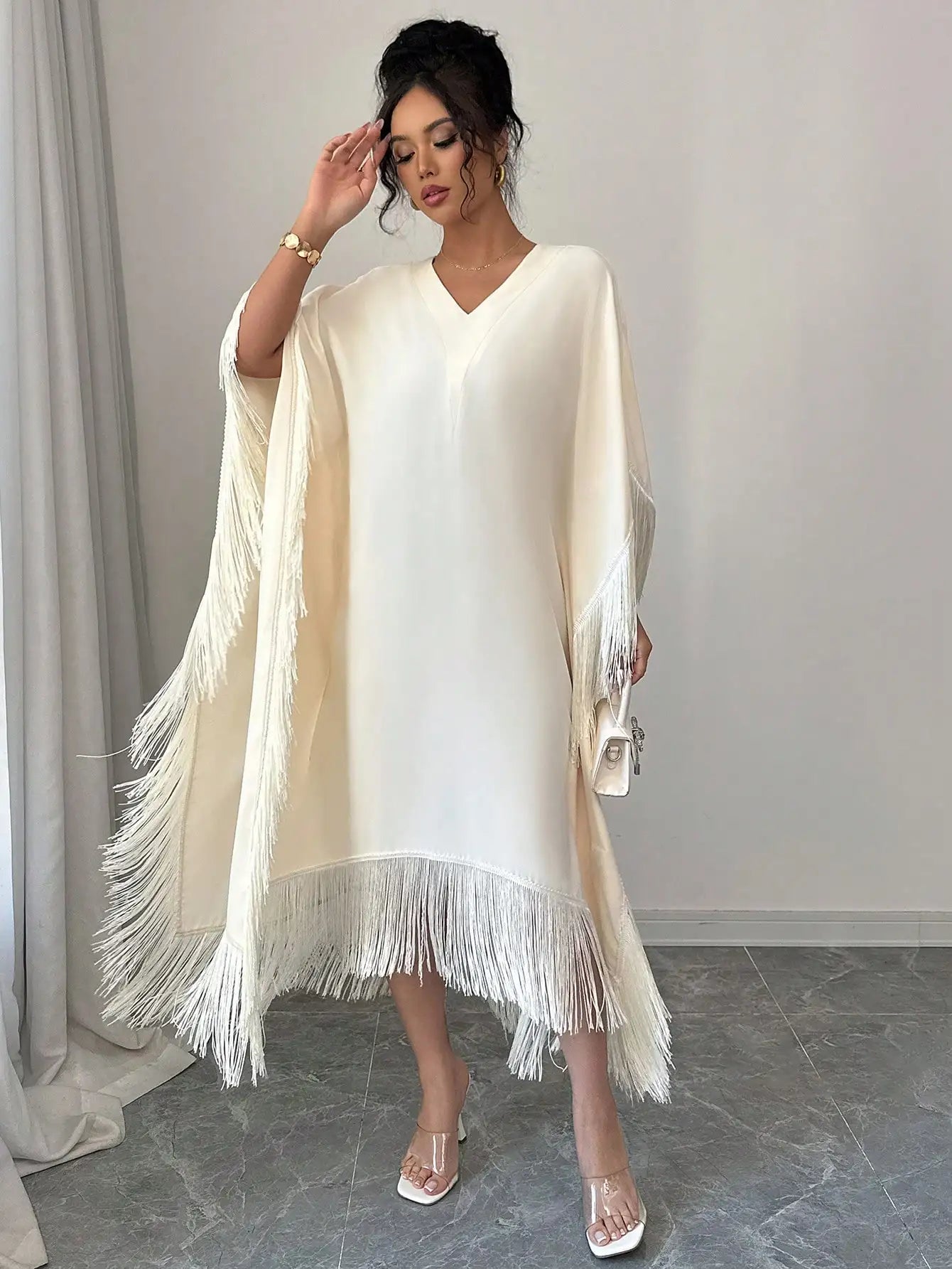 Boho Tassel Trim Maxi Dress, V Neck, Batwing Sleeves, Fringe Hem, Lightweight Flowy