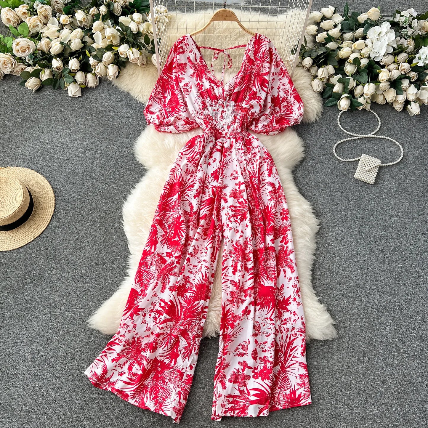 V Neck Dolman Sleeves Slim Waisted Floral and Polka Dot Print Jumpsuit with Wide Legs