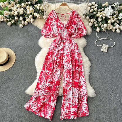 V Neck Dolman Sleeves Slim Waisted Floral and Polka Dot Print Jumpsuit with Wide Legs