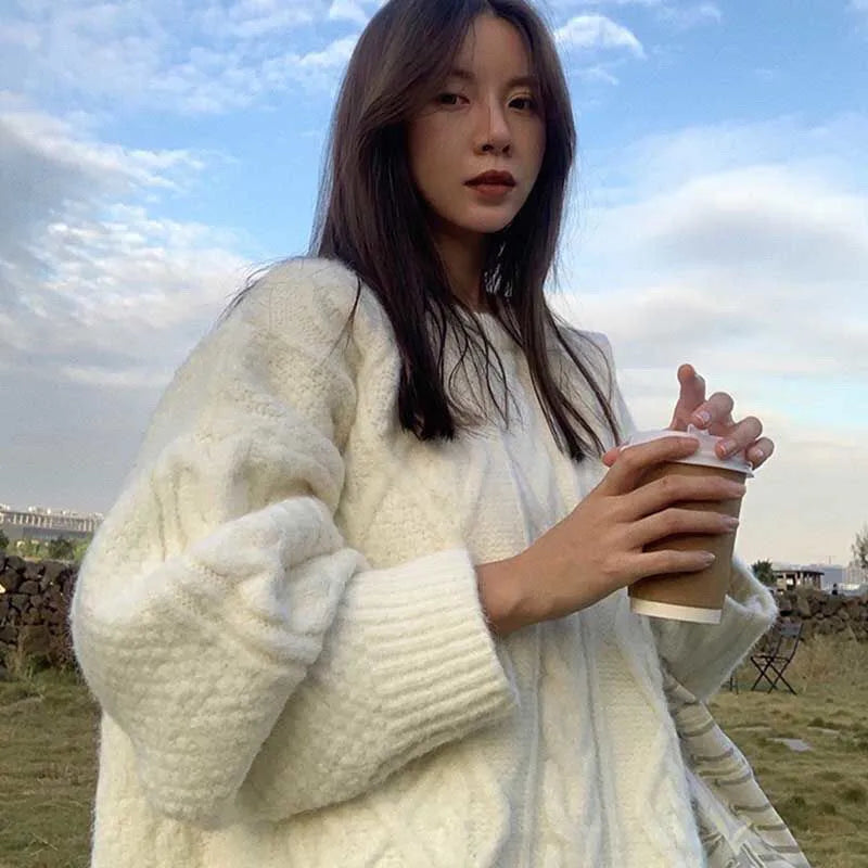 Thick Warm Cable Knit Oversized Pullover Sweater, 2 Colors