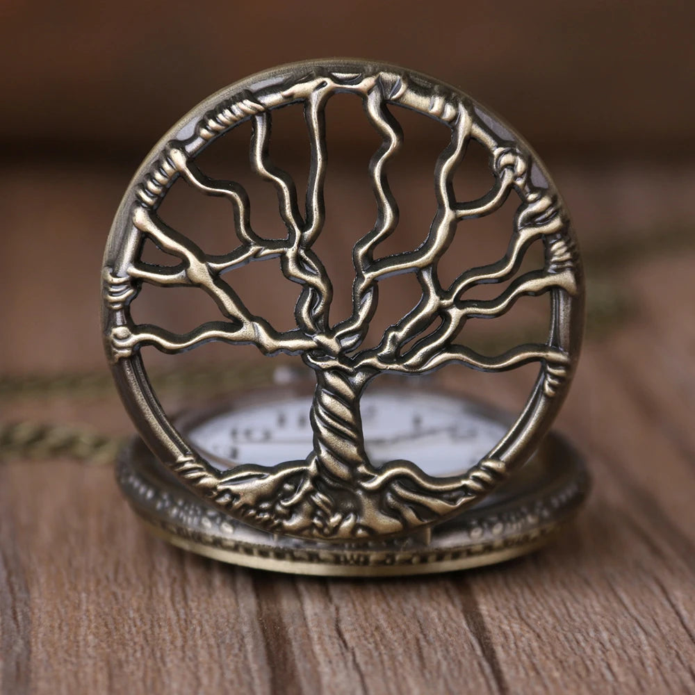 Vintage Hollow Tree Pocket Watch Unique Style With Necklace Chain Clock Retro